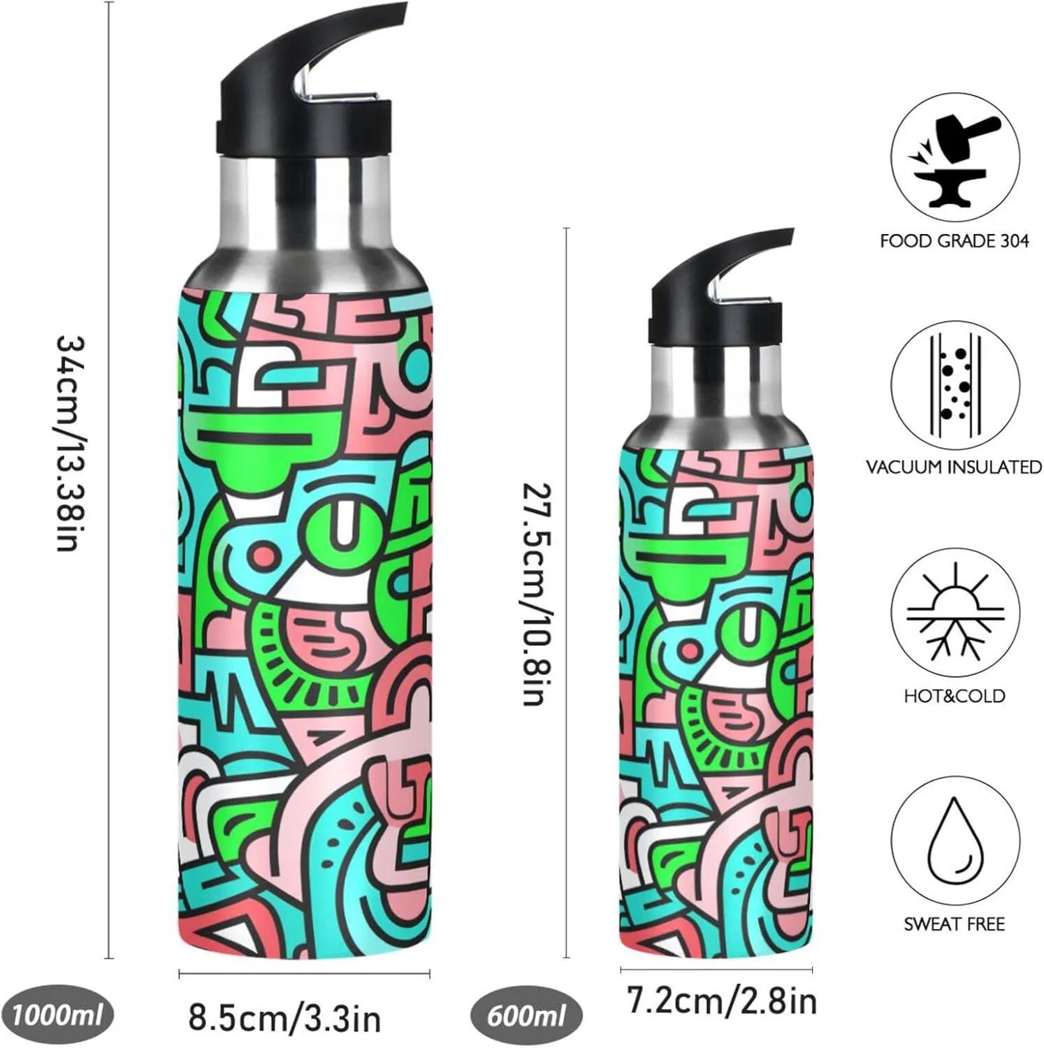 Abstract Doodle Animal Art Sport Water Bottle Insulated Stainless Steel Large Vacuum Flask Leak Proof Thermos with Straw for Travel(600ml/1000ml)