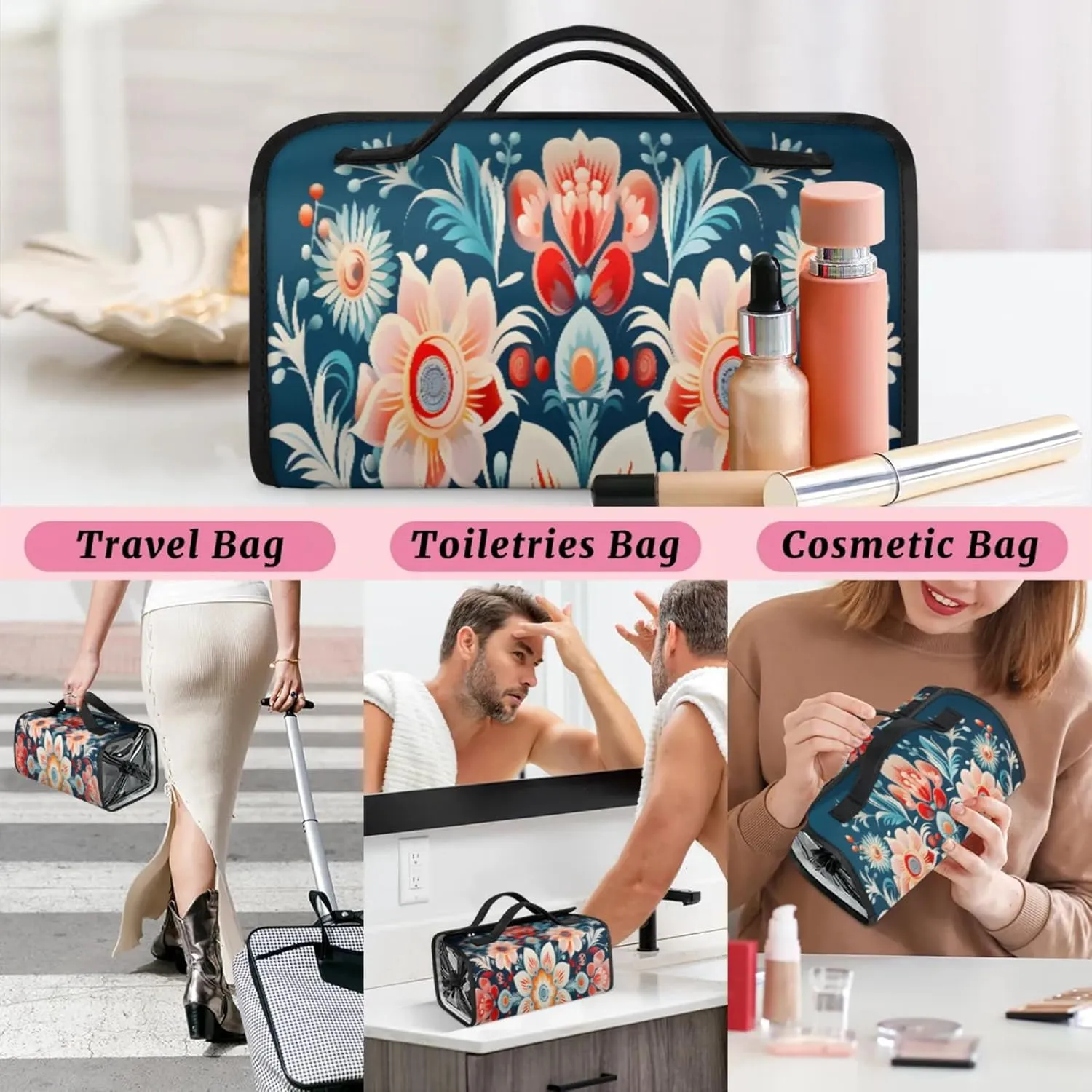 Abstract Flower Pattern Toiletry Bag Water Proof Travel Makeup Case Large Capacity 4 in 1 Foldable Cosmetics Storage for Women Men Removable Zipper Clear PVC Pockets