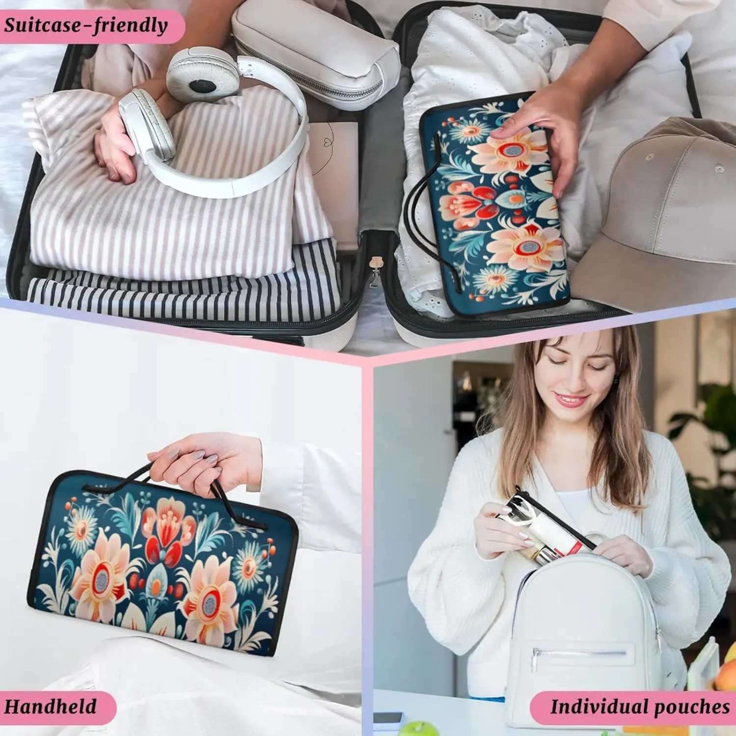 Abstract Flower Pattern Toiletry Bag Water Proof Travel Makeup Case Large Capacity 4 in 1 Foldable Cosmetics Storage for Women Men Removable Zipper Clear PVC Pockets