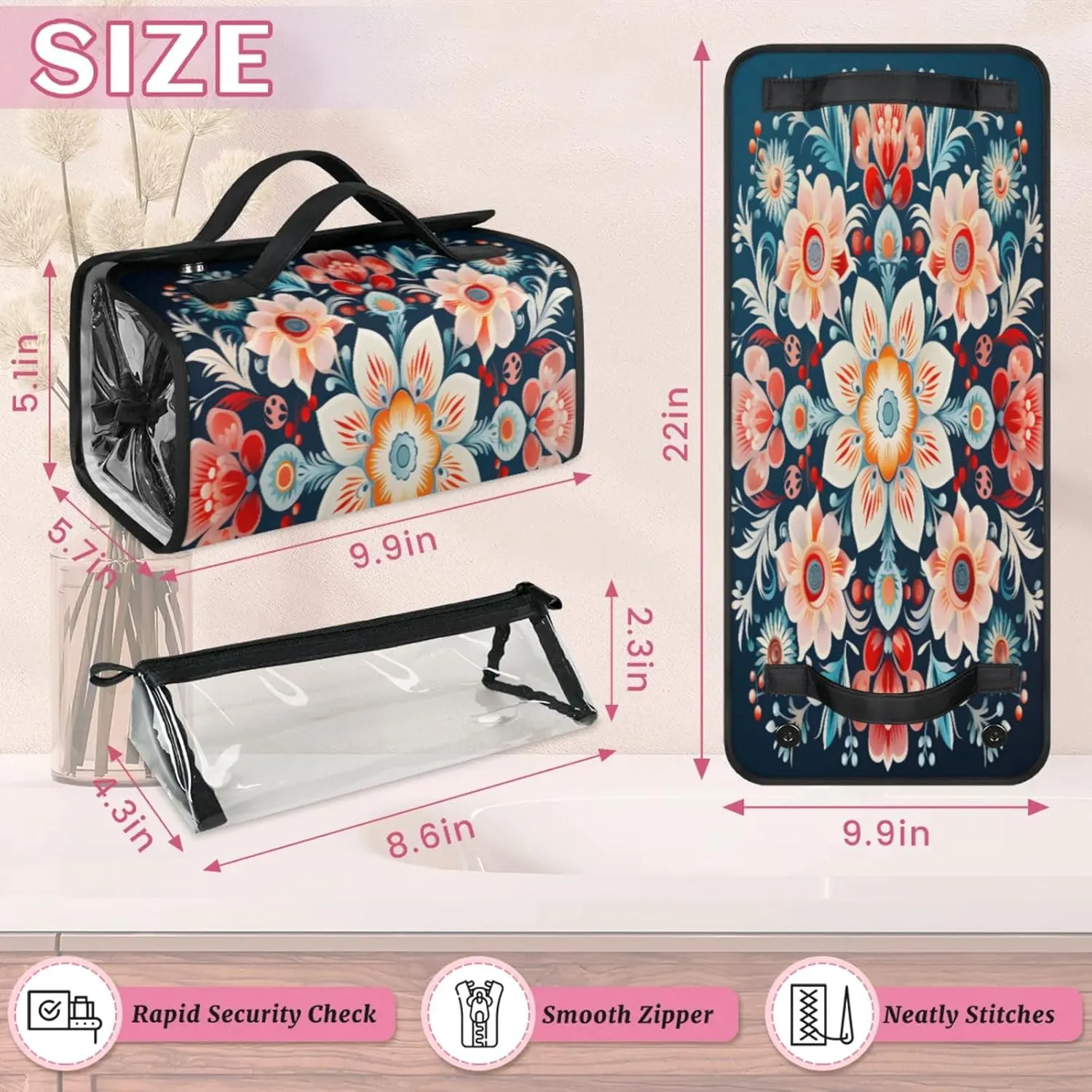 Abstract Flower Pattern Toiletry Bag Water Proof Travel Makeup Case Large Capacity 4 in 1 Foldable Cosmetics Storage for Women Men Removable Zipper Clear PVC Pockets