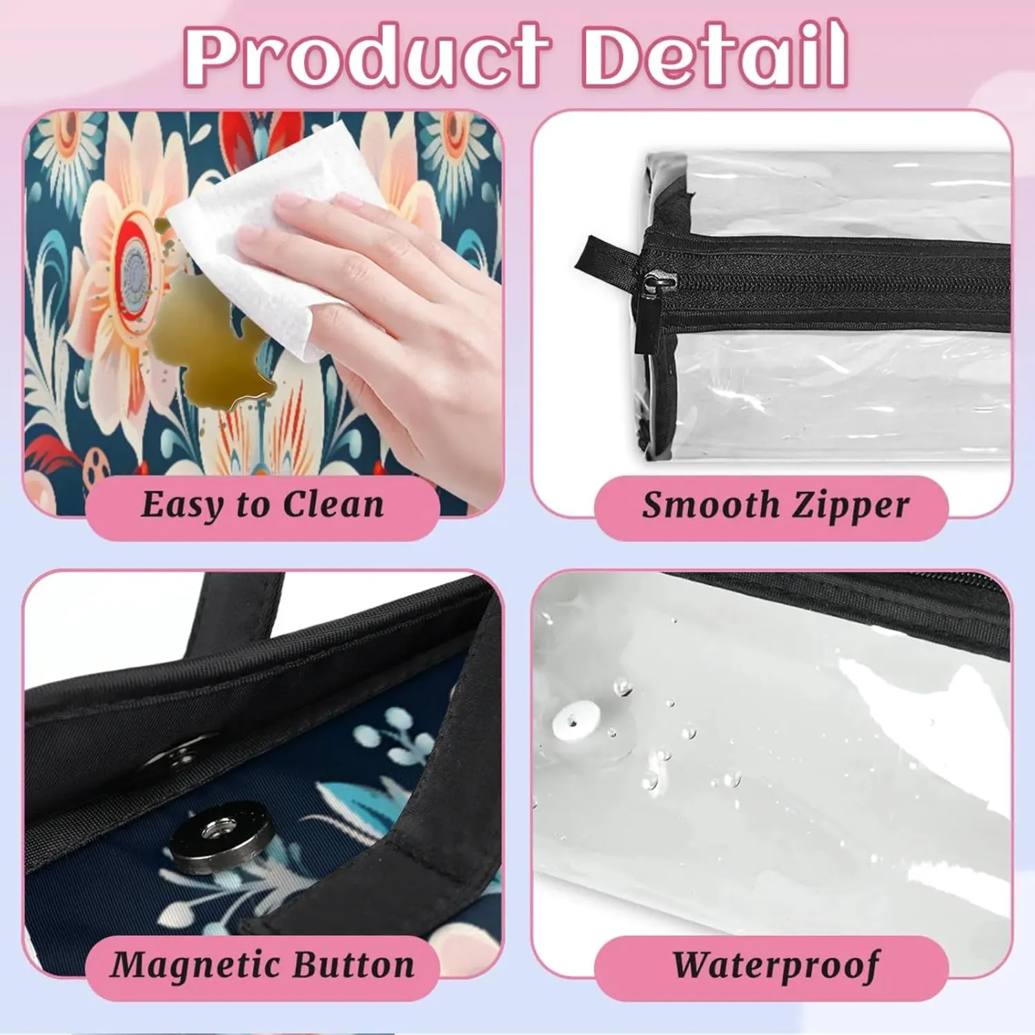 Abstract Flower Pattern Toiletry Bag Water Proof Travel Makeup Case Large Capacity 4 in 1 Foldable Cosmetics Storage for Women Men Removable Zipper Clear PVC Pockets