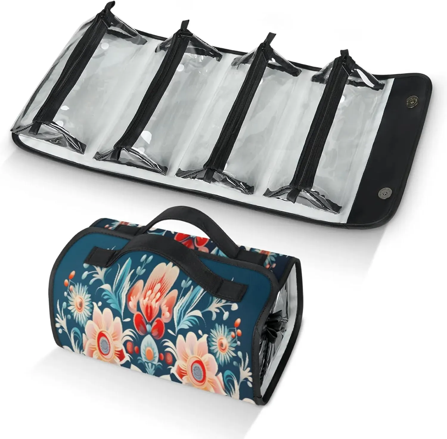 Abstract Flower Pattern Toiletry Bag Water Proof Travel Makeup Case Large Capacity 4 in 1 Foldable Cosmetics Storage for Women Men Removable Zipper Clear PVC Pockets