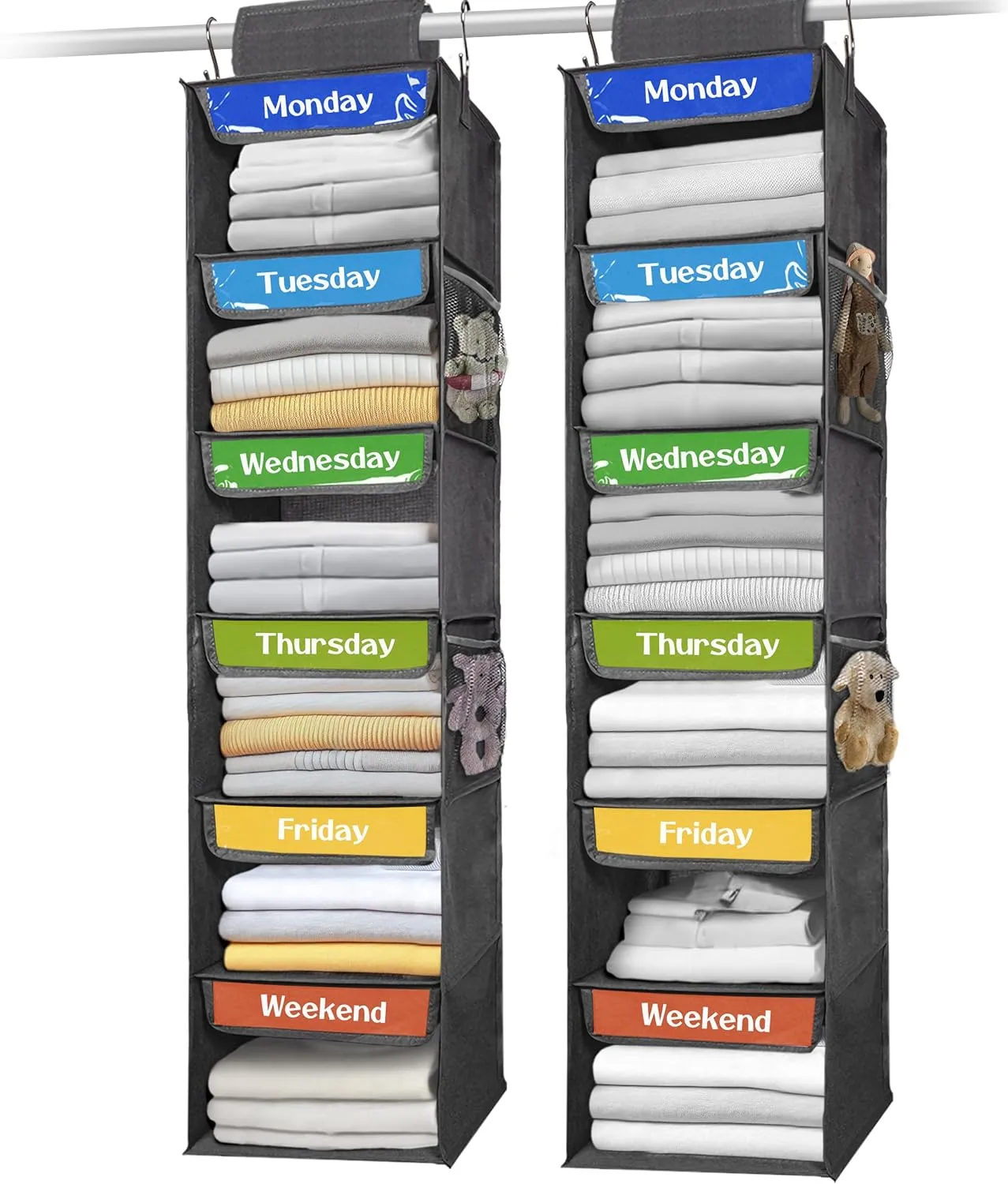 AELS 6-Shelf Weekly Clothes Organizer Set of 2, Hanging Closet Organizer for Kids & Adults, Monday Through Friday with Visual Label, Prepare & Organize Clothing, Shoes & After School Activities