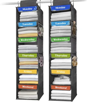AELS 6-Shelf Weekly Clothes Organizer Set of 2, Hanging Closet Organizer for Kids & Adults, Monday Through Friday with Visual Label, Prepare & Organize Clothing, Shoes & After School Activities