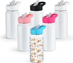 AGH 15 OZ Kids Sublimation Tumbler, 6 Pack White Stainless Steel Bottles Vacuum Flask Tumblers with Sippy Up Lid and Straw, Sport Kids Skinny Straight Water Cups