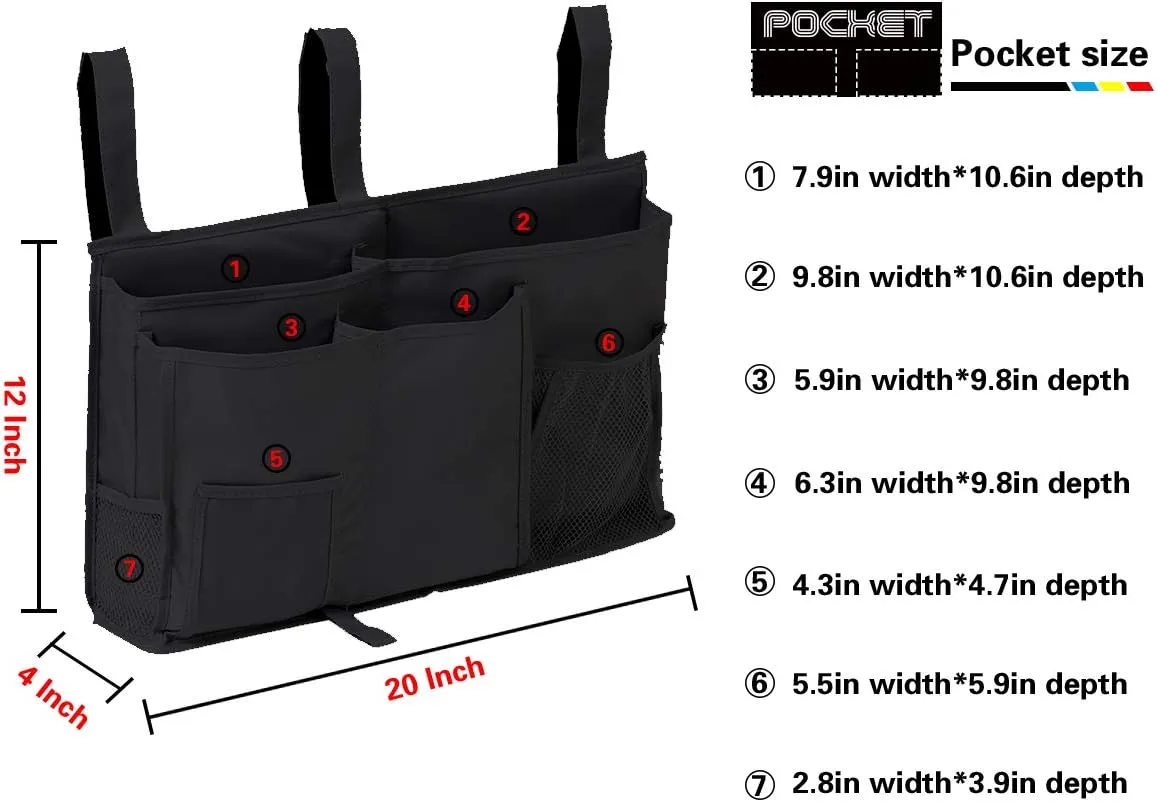 Aiduy Bedside Caddy Hanging Organizer, Bunk Bed Organizer for Top Bunk Bed, Bedside Pocket Hanging Storage Caddy Bag for Dorm Hospital Bed College Dorm, Black