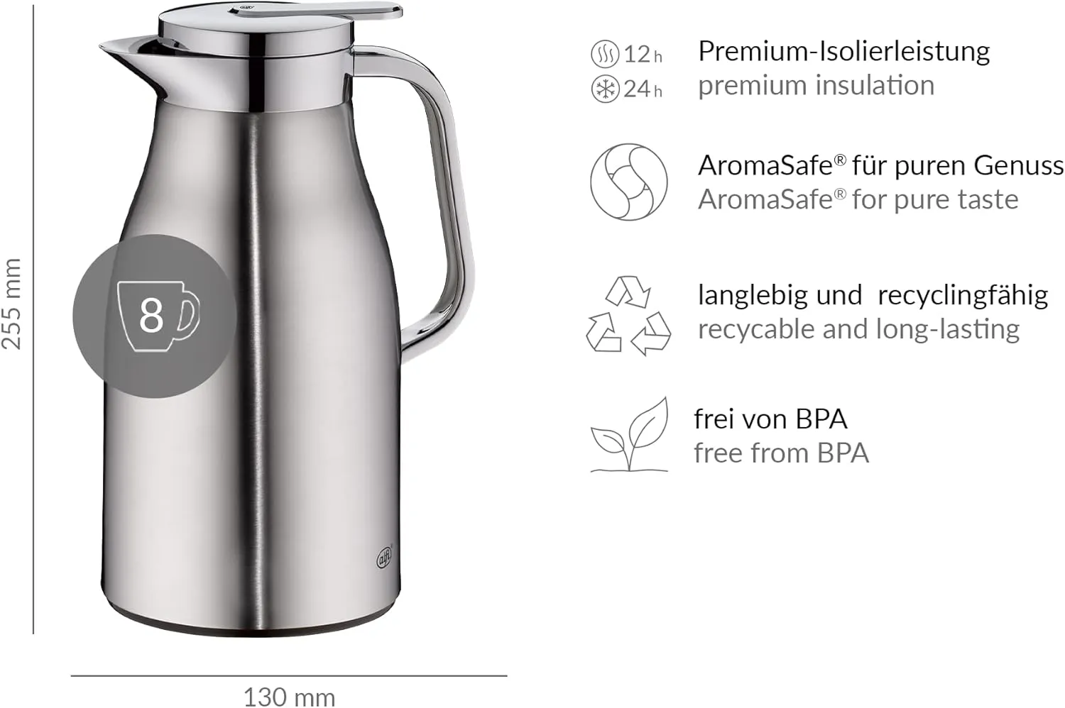 Alfi Thermos Flask, Plastic Glass, Matte Stainless Steel, 1 Litre