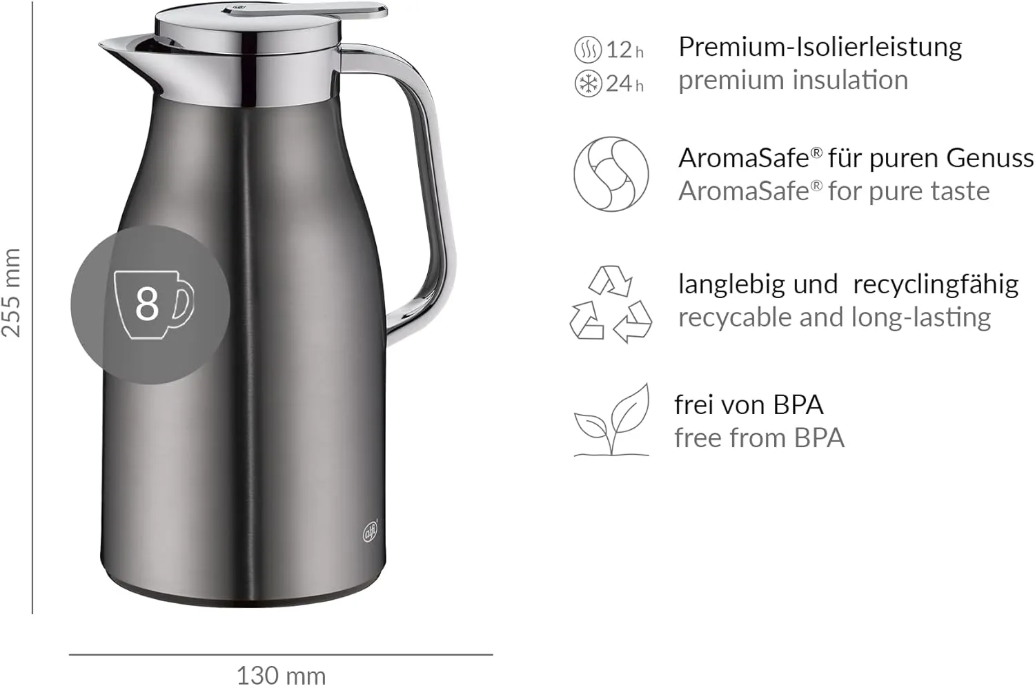 ALFI Thermos Flask, Stainless steel Plastic Glass, Cool Grey, 1 Litre