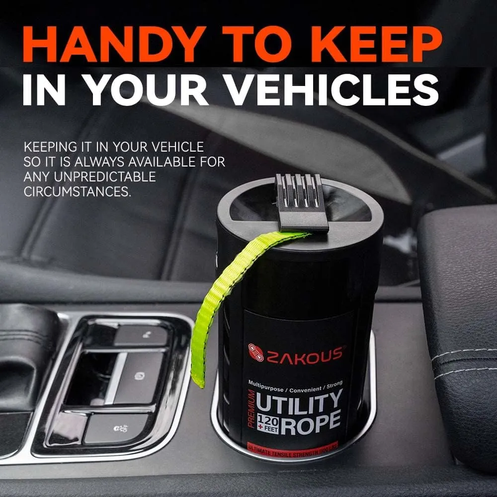 All Purpose Utility Rope Canister, 120 Feet 1100lb Strengh, 100% Nylon Rope Truck Car Vehicle Use - Versatile Usage for Camping Essentials, Hunting, Emergency Preparedness, Tow