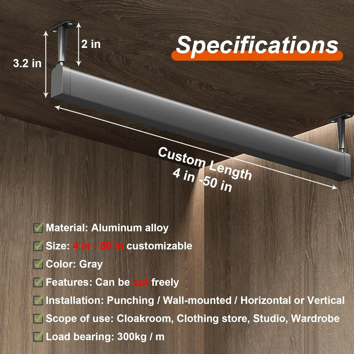Aluminum Gray U-Shaped Closet Hanging Rods, Wall Mounted Wardrobe Pole with Silent & Anti-Slip Rubber Strip, Pack of 2 Home Bedroom Laundry Garment Bars(7.8in)