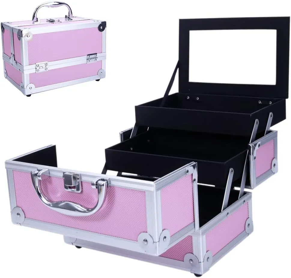 Aluminum Makeup Train Case with Mirror Light Weight Jewelry Box Cosmetic Organizer 9"x6"x6" Pink