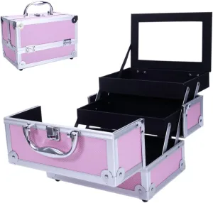 Aluminum Makeup Train Case with Mirror Light Weight Jewelry Box Cosmetic Organizer 9"x6"x6" Pink