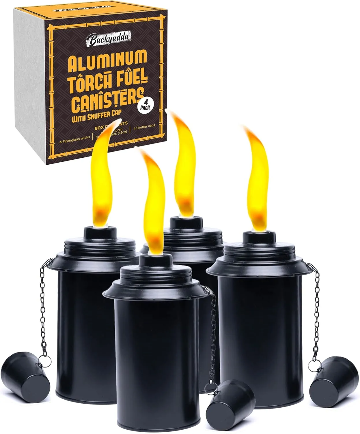 Aluminum (Never Rust) Tiki Torch Canister Replacement (12 oz). Easy Fill Opening. Black Matte. 4-Pack Premium Rust-Proof Aluminum (with snuffer cap)