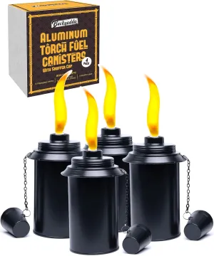 Aluminum (Never Rust) Tiki Torch Canister Replacement (12 oz). Easy Fill Opening. Black Matte. 4-Pack Premium Rust-Proof Aluminum (with snuffer cap)