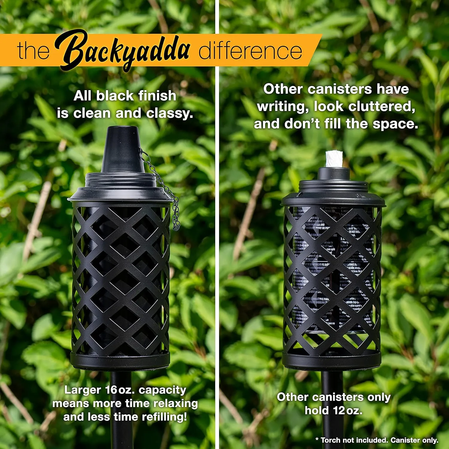Aluminum (Never Rust) Tiki Torch Canister Replacement, 16 oz, Easy Fill Opening. Black Matte. 4-Pack Premium Rust-Proof Aluminum (with Caps)