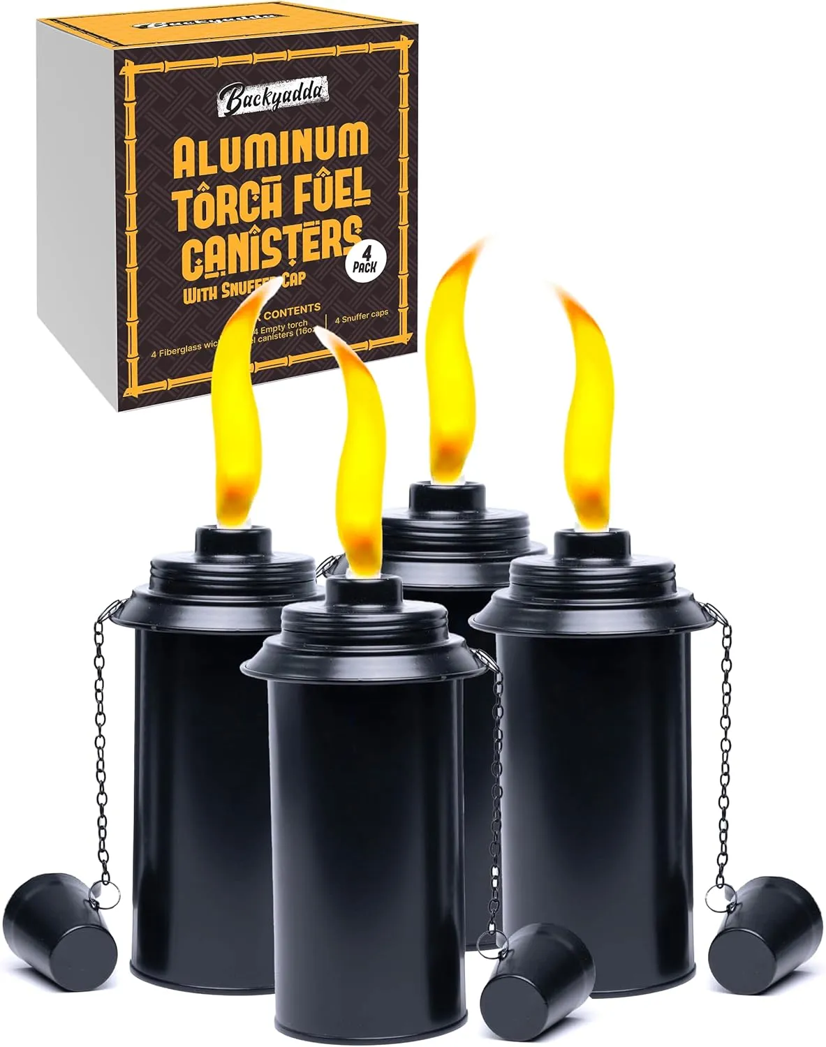 Aluminum (Never Rust) Tiki Torch Canister Replacement, 16 oz, Easy Fill Opening. Black Matte. 4-Pack Premium Rust-Proof Aluminum (with Caps)