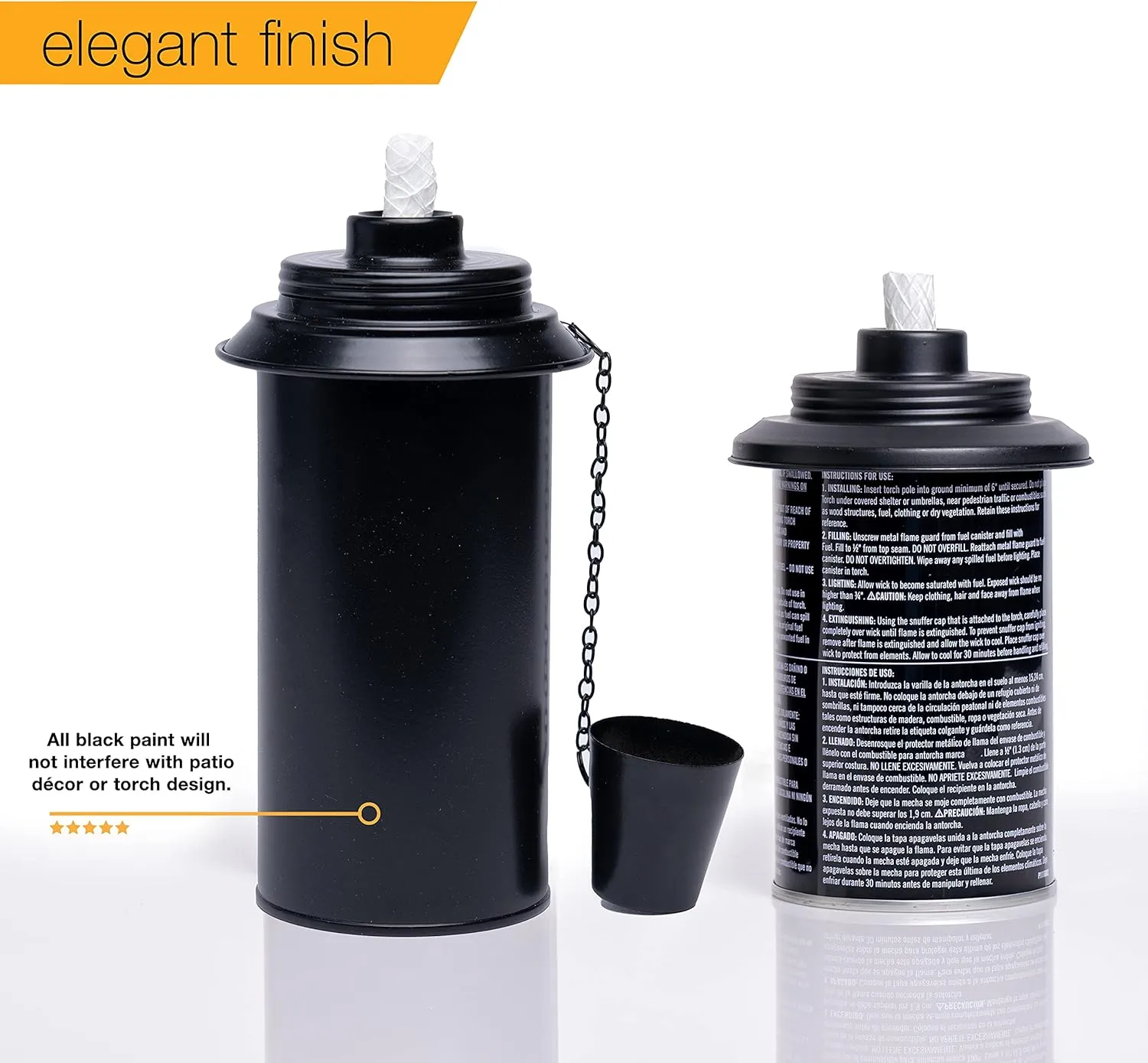 Aluminum (Never Rust) Tiki Torch Canister Replacement, 16 oz, Easy Fill Opening. Black Matte. 4-Pack Premium Rust-Proof Aluminum (with Caps)