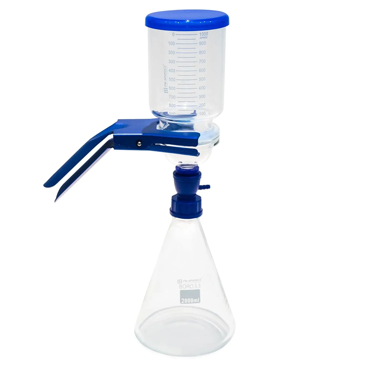 ALWSCI Set Solvent Vacuum Fitration with Bottle Adapter GL45, 1000 ML Graduated Funnel, 2000 ML Filtering Flask, Clamp and GL45 Solid Screw Cap, Compatible with 90mm Membrane Filter Paper
