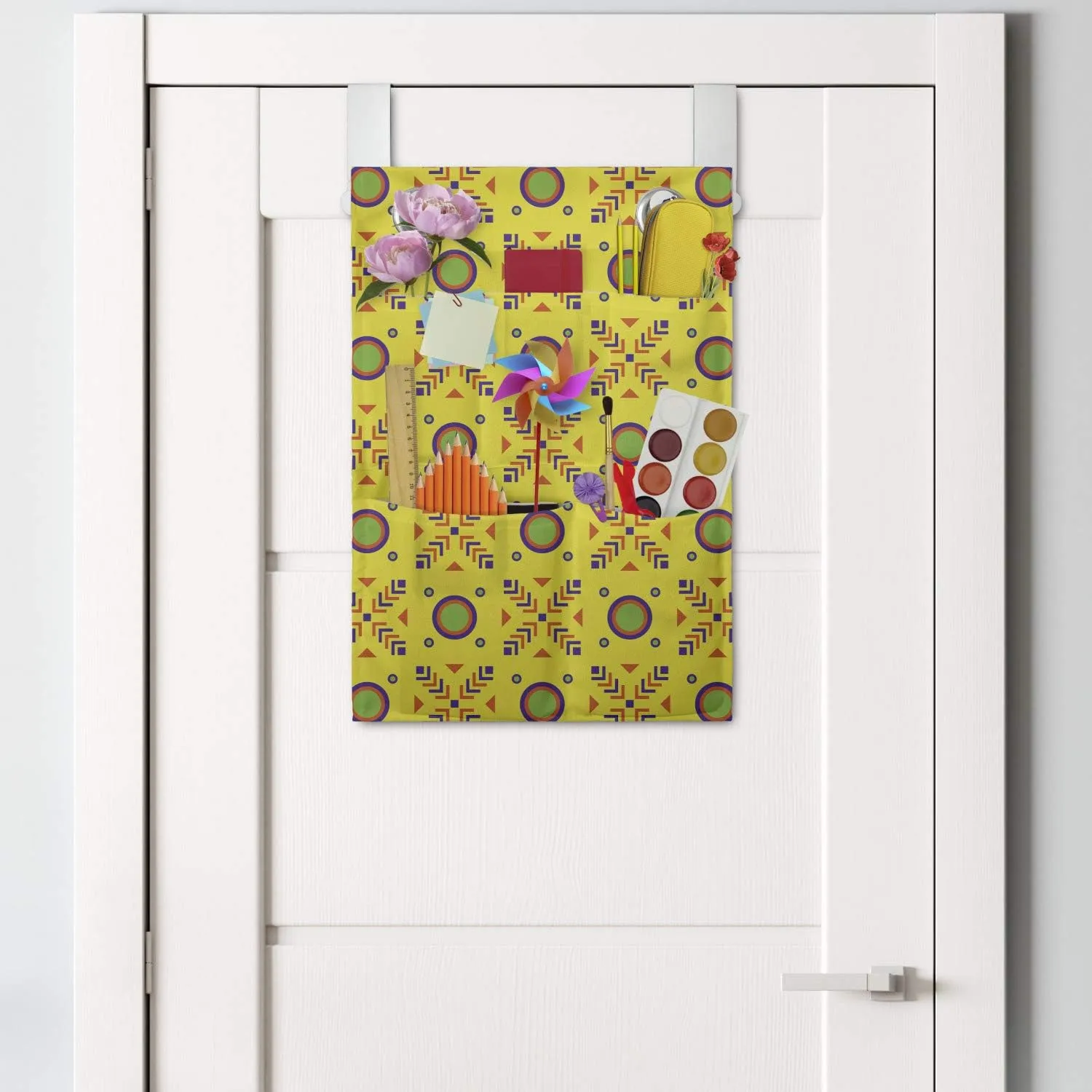 Ambesonne Abstract Hanging Pocket Organizer, Demonstration of Geometrical Motifs Diagonal Elements in Summer Colors, Printed Polyester Storage Bag with Pockets, 14" x 20", Yellow and Multicolor