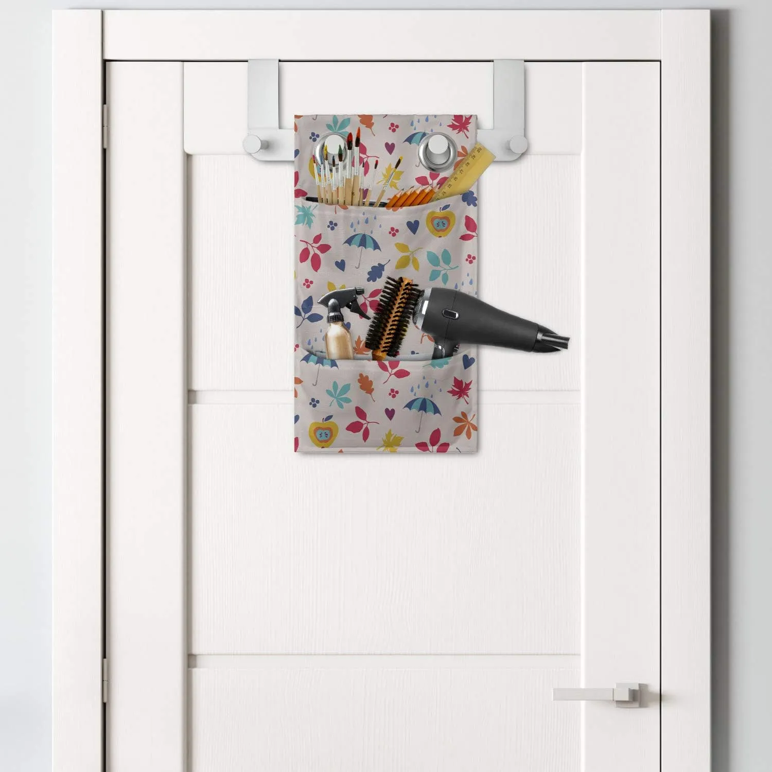 Ambesonne Autumn Hanging Pocket Organizer, Continuous Demonstration of Apples Leaves Umbrella Rainy Season Artwork, Printed Polyester Storage Bag with Pockets, 9" x 16", Pearl and Multicolor