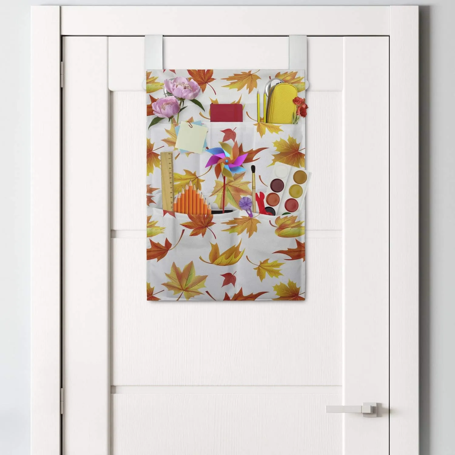 Ambesonne Autumn Hanging Pocket Organizer, Demonstration of Fallen Maple Leaves on a Plain Background Fall Season, Printed Polyester Storage Bag with Pockets, 14" x 20", White and Multicolor