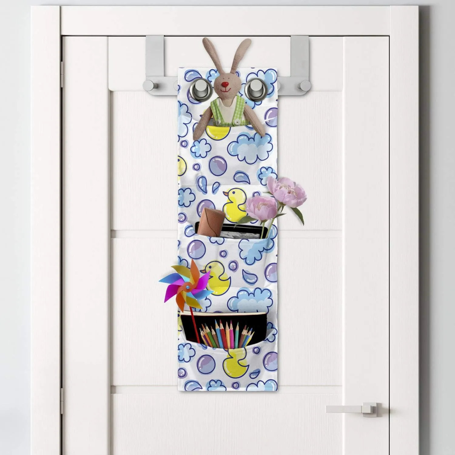 Ambesonne Cartoon Hanging Pocket Organizer, Watercolor Bubbles Water Droplets and a Funny Duck Repetitive Pattern, Printed Polyester Storage Bag with Pockets, 9" x 27", Yellow Lilac and Blue