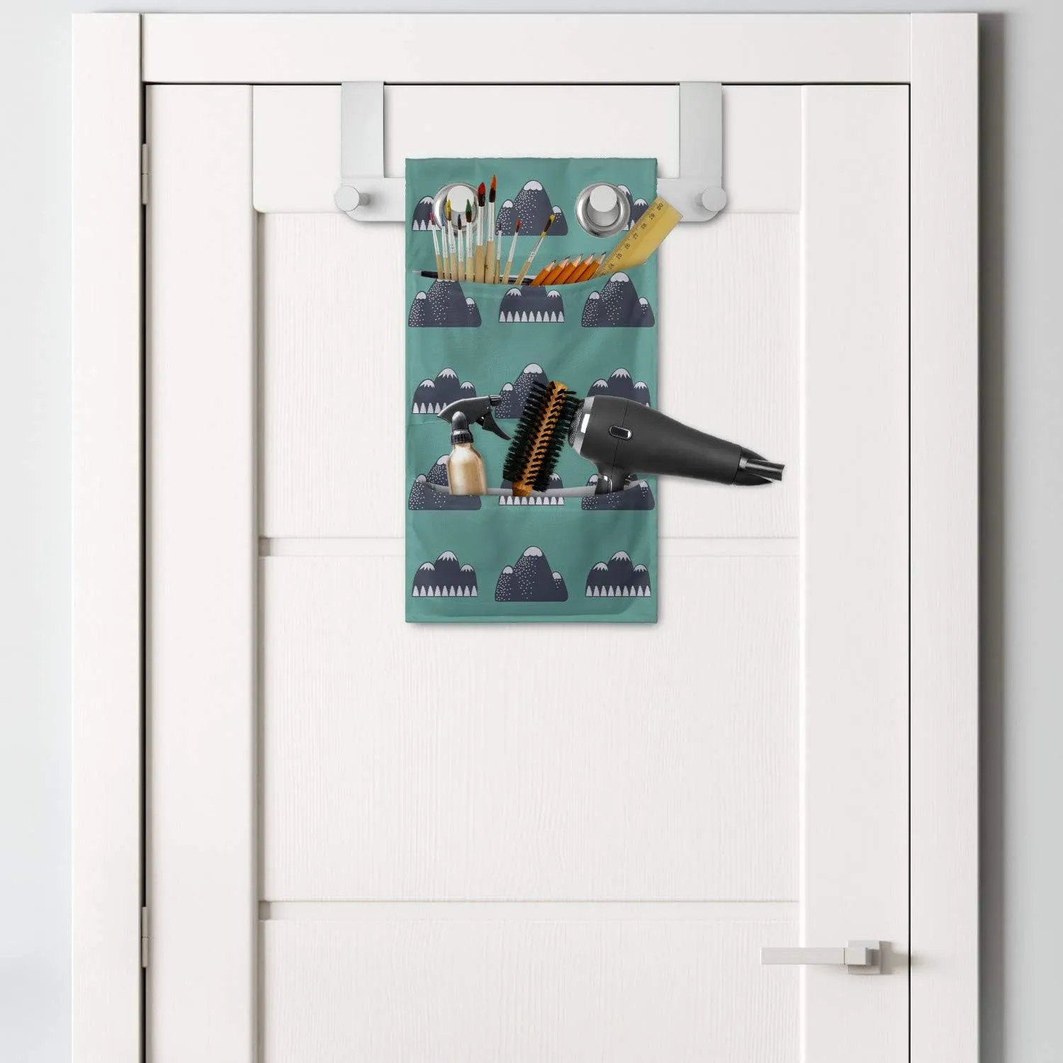 Ambesonne Geology Hanging Pocket Organizer, Mountain Silhouettes Nature Themed Outdoor Rock Snow, Printed Polyester Storage Bag with Pockets, 9" x 16", Dark Blue Dark Seafoam