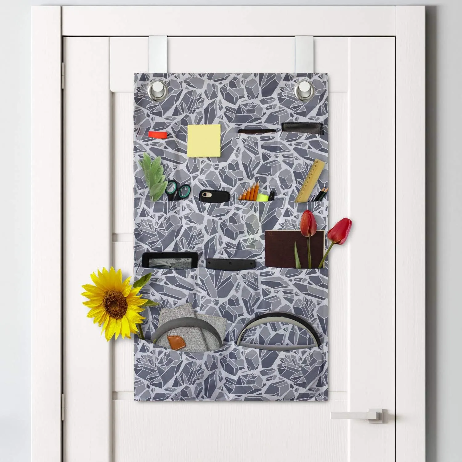 Ambesonne Geology Hanging Pocket Organizer, Rocks of The Earth Themed Pattern Gemstones with Different Cuts, Printed Polyester Storage Bag with Pockets, 21" x 31", Dark Ceil Blue Pale Grey