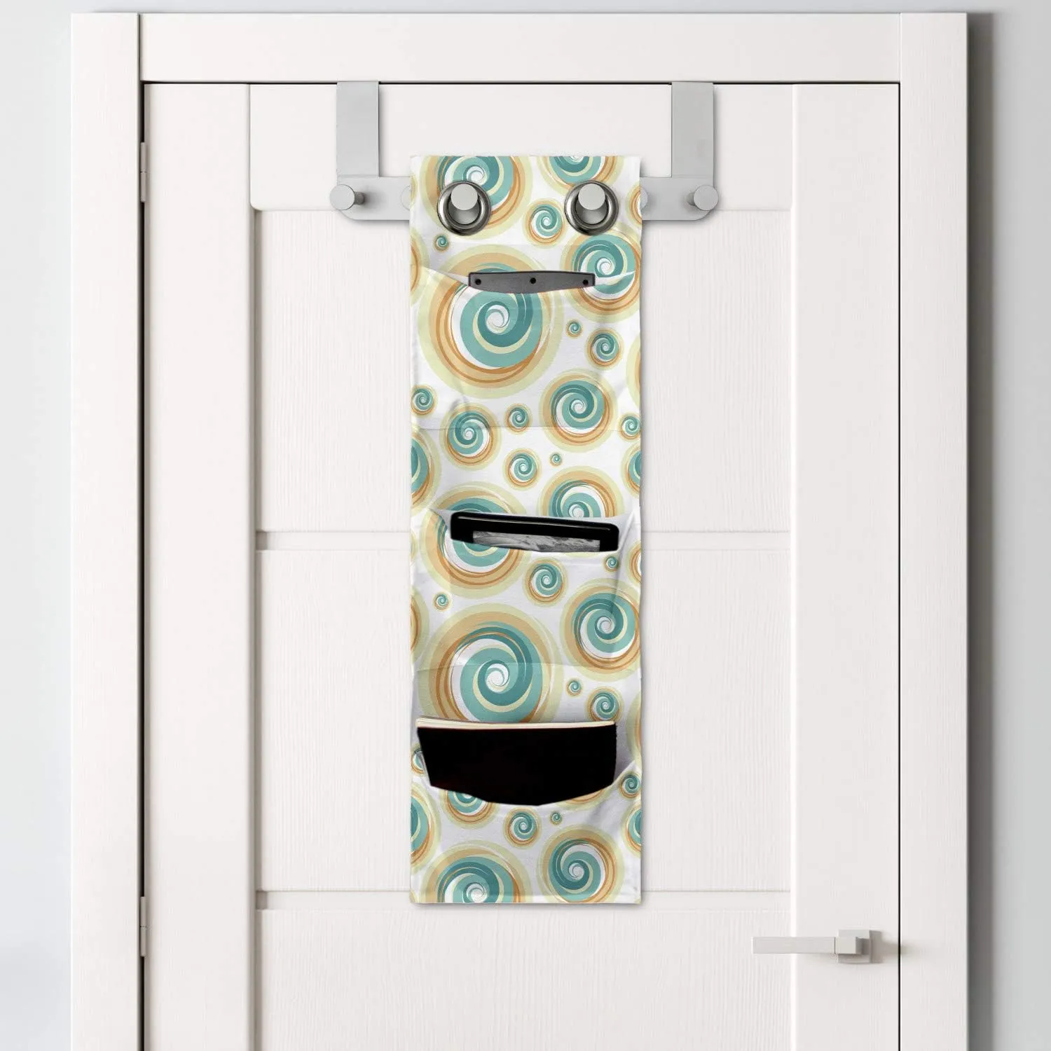 Ambesonne Geometric Circle Hanging Pocket Organizer, Trippy Paint Brush Rotary Spiral Circle Pattern Blurry Tiles Picture, Printed Polyester Storage Bag with Pockets, 9" x 27", Teal Orange