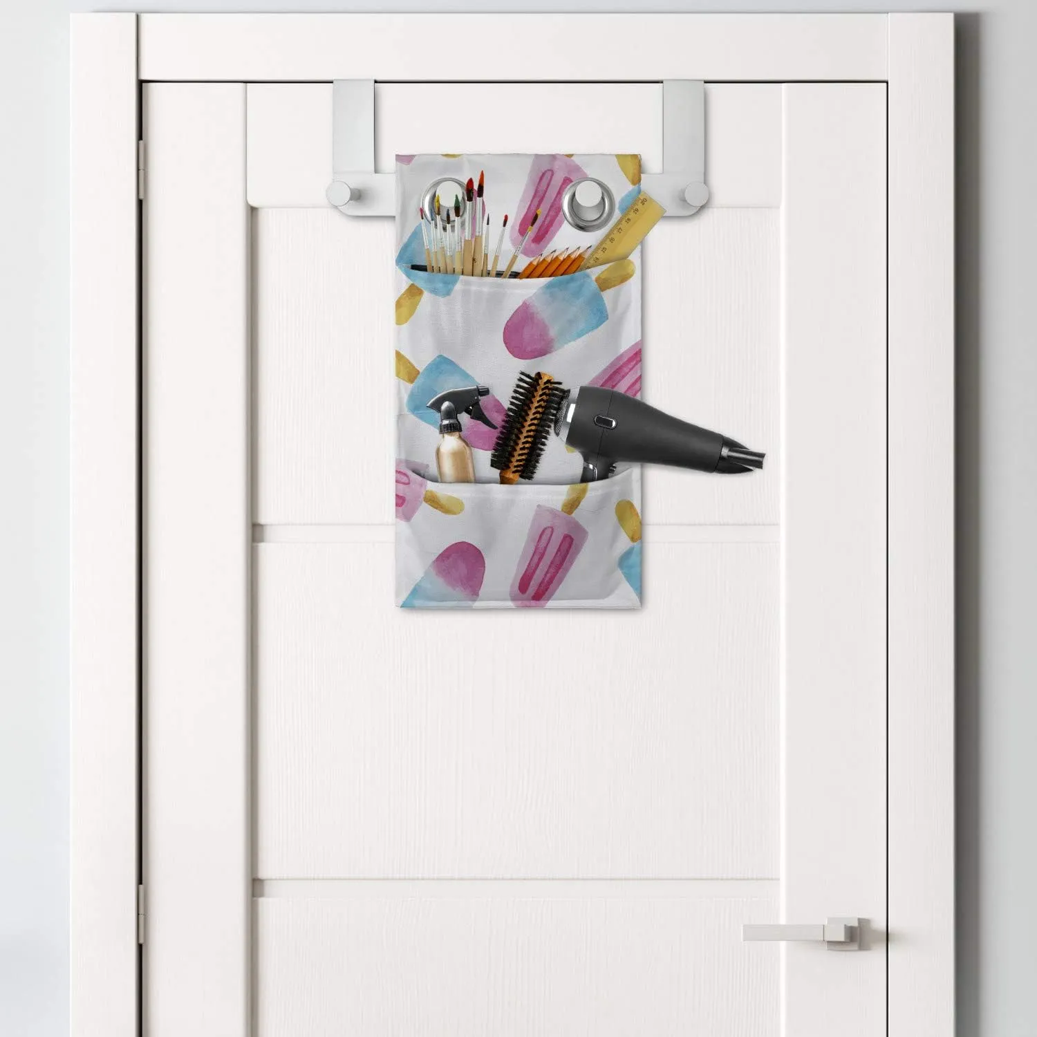 Ambesonne Ice Cream Hanging Pocket Organizer, Pattern with Refreshing Watercolor Popsicles on White Background, Printed Polyester Storage Bag with Pockets, 9" x 16", Earth Yellow Pale Blue
