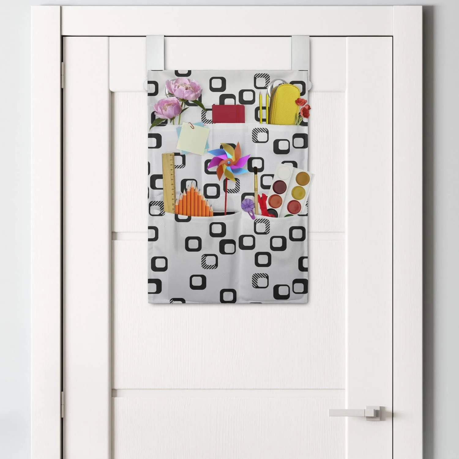 Ambesonne Modern Hanging Pocket Organizer, Demonstration of Monochrome Style Modern Round Squares with Stripes, Printed Polyester Storage Bag with Pockets, 14" x 20", Charcoal Grey and White