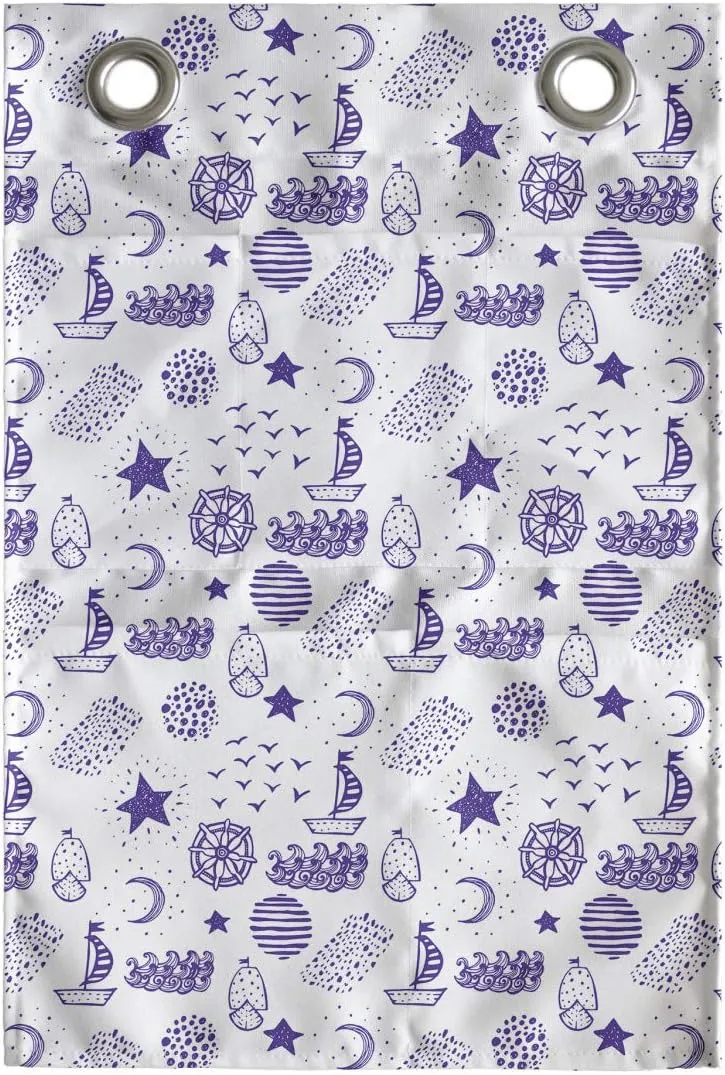 Ambesonne Nautical Hanging Pocket Organizer, Hand Drawn Boat Stars Flying Gulls Crescent Moon Shell Waves Girls Pattern, Printed Polyester Storage Bag with Pockets, 14" x 20", Purple