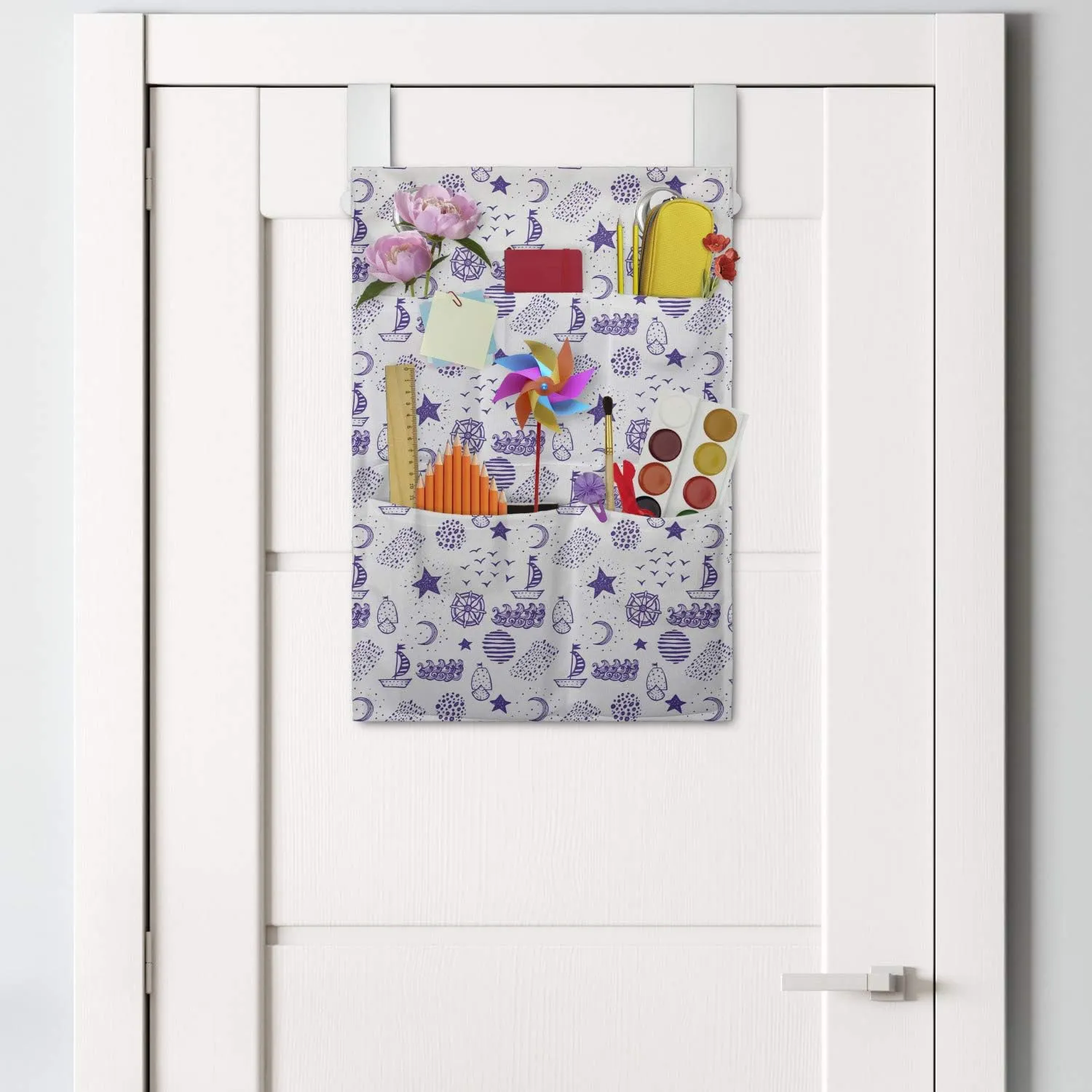 Ambesonne Nautical Hanging Pocket Organizer, Hand Drawn Boat Stars Flying Gulls Crescent Moon Shell Waves Girls Pattern, Printed Polyester Storage Bag with Pockets, 14" x 20", Purple