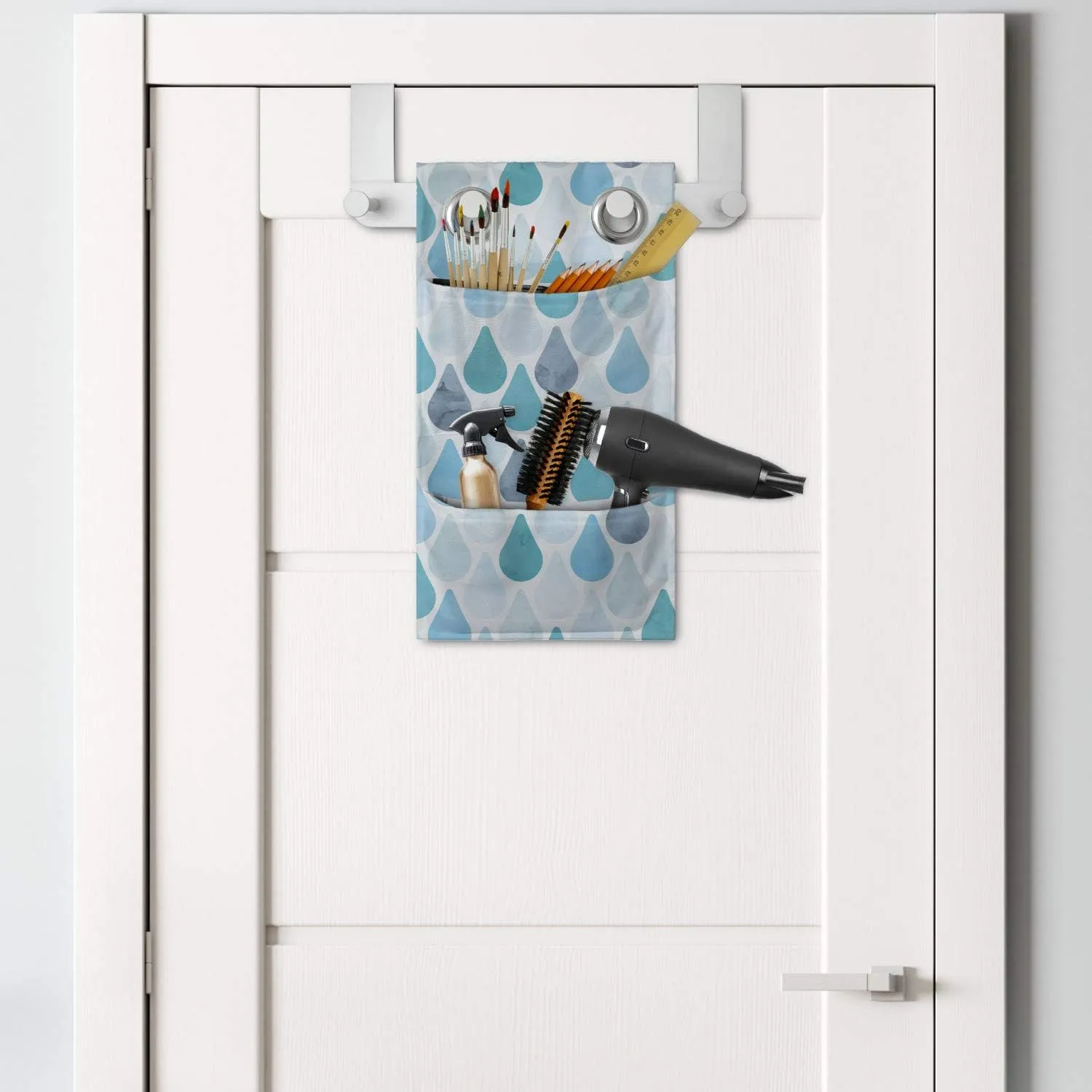 Ambesonne Watercolor Hanging Pocket Organizer, Droplets Pattern in Monochrome Tears Flowing, Printed Polyester Storage Bag with Pockets, 9" x 16", Blue Grey Sky Blue