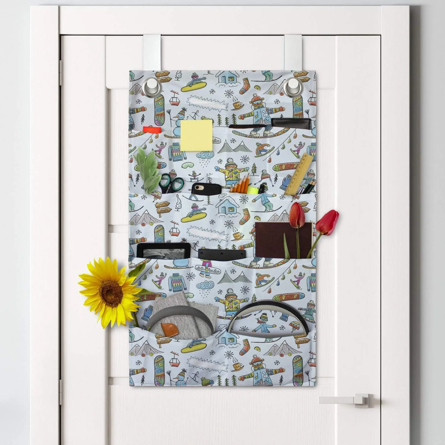 Ambesonne Winter Hanging Pocket Organizer, Seasonal Sports Skiing Boy Mountain Ice Snowman Alpine Vacation Childish Theme, Printed Polyester Storage Bag with Pockets, 21" x 31", Multicolor