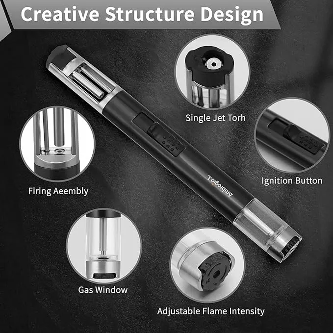 Ambrogio.L 1300 ℃ Jet Torch Lighter Pen Style Adjustable Flame Refillable Gas Cigar Cigarette Lighter Fire Starter with Visible Gas Window,Black
