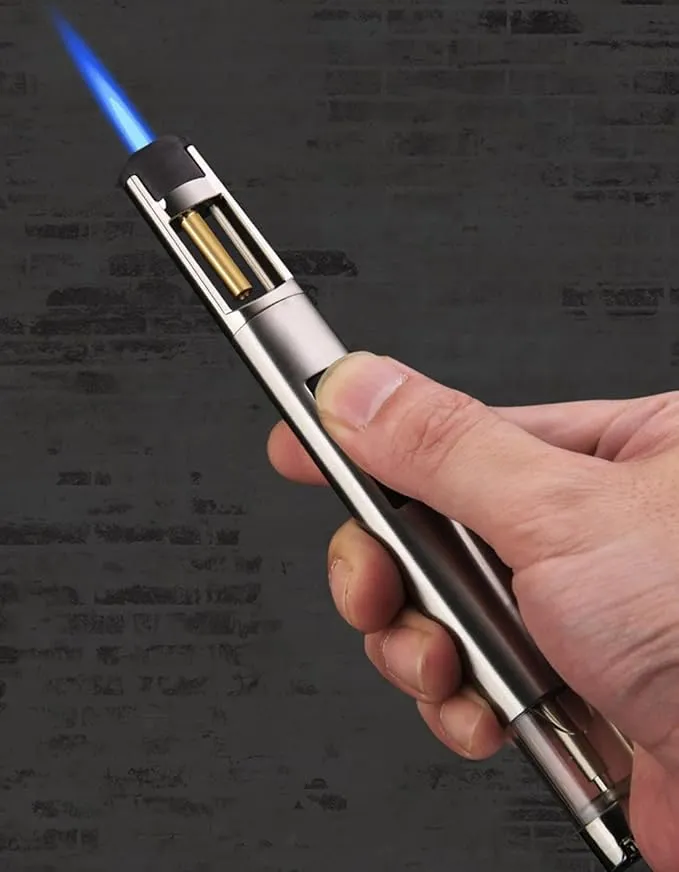 Ambrogio.L 1300 ℃ Jet Torch Lighter Pen Style Adjustable Flame Refillable Gas Cigar Cigarette Lighter Fire Starter with Visible Gas Window,Silver