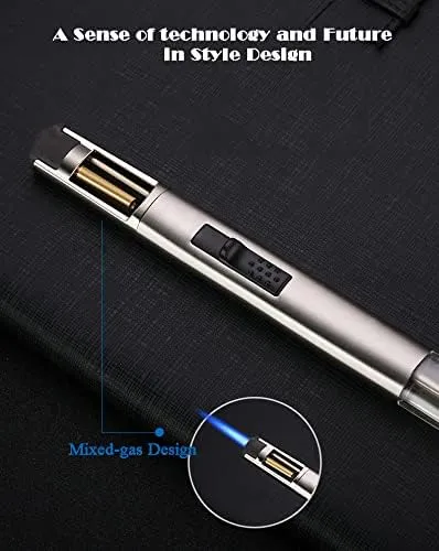 Ambrogio.L 1300 ℃ Jet Torch Lighter Pen Style Adjustable Flame Refillable Gas Cigar Cigarette Lighter Fire Starter with Visible Gas Window,Silver
