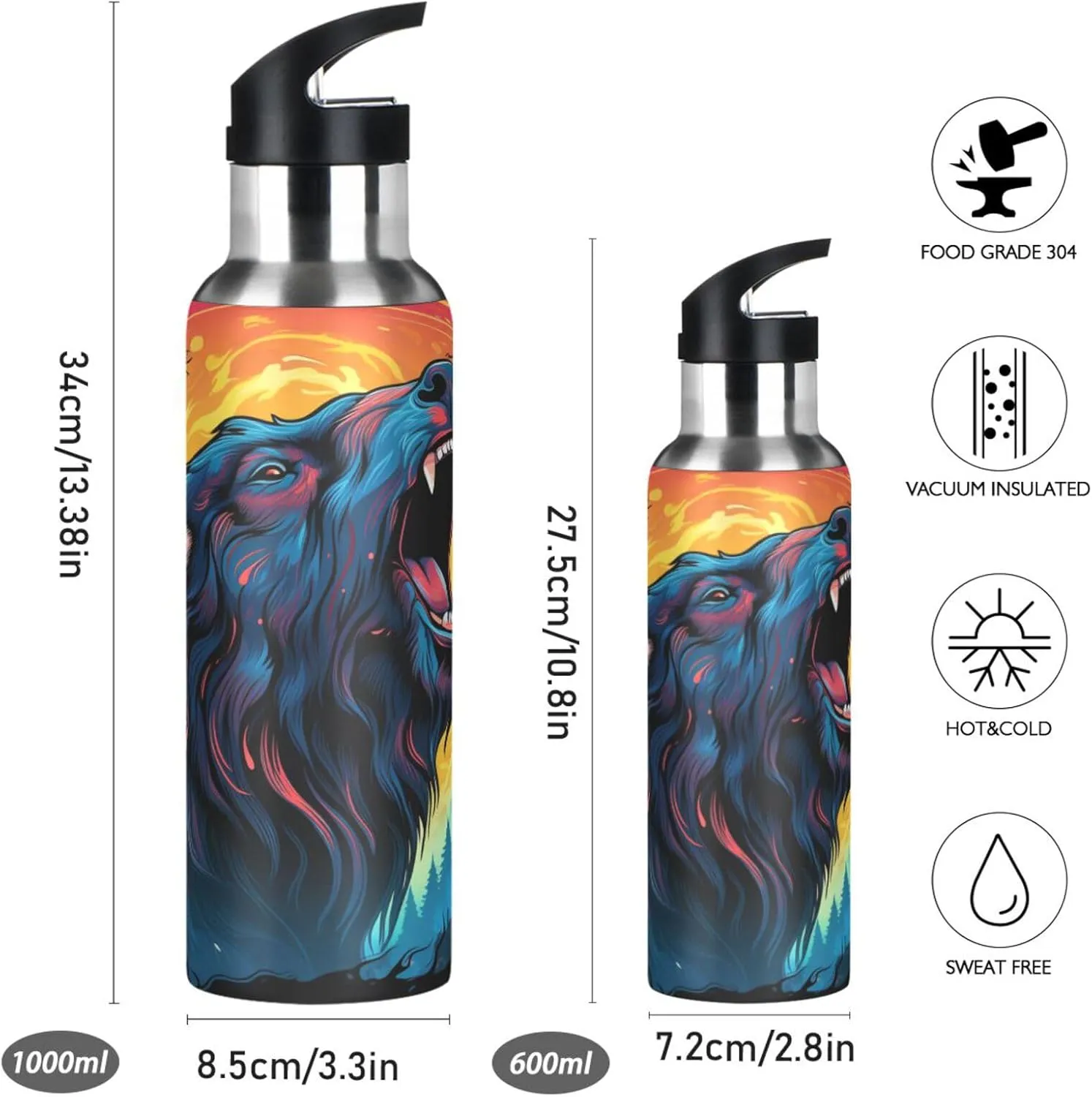 Angry Animal Bison Sport Water Bottle Insulated Stainless Steel Large Vacuum Flask Leak Proof Thermos with Straw for Travel(600ml/1000ml)