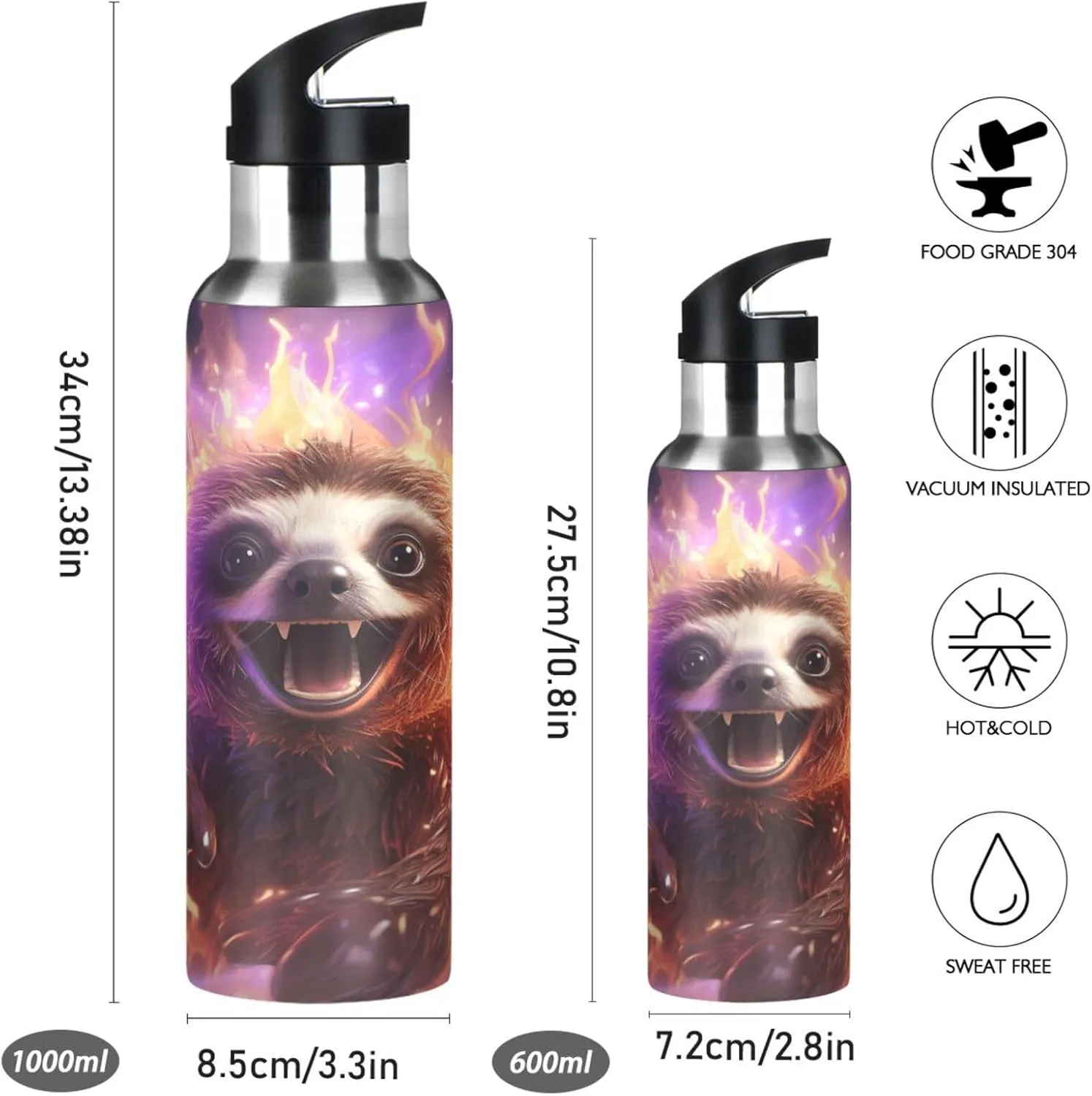Angry Sloth Art Sport Water Bottle Insulated Stainless Steel Large Vacuum Flask Leak Proof Thermos with Straw for Travel(600ml/1000ml)
