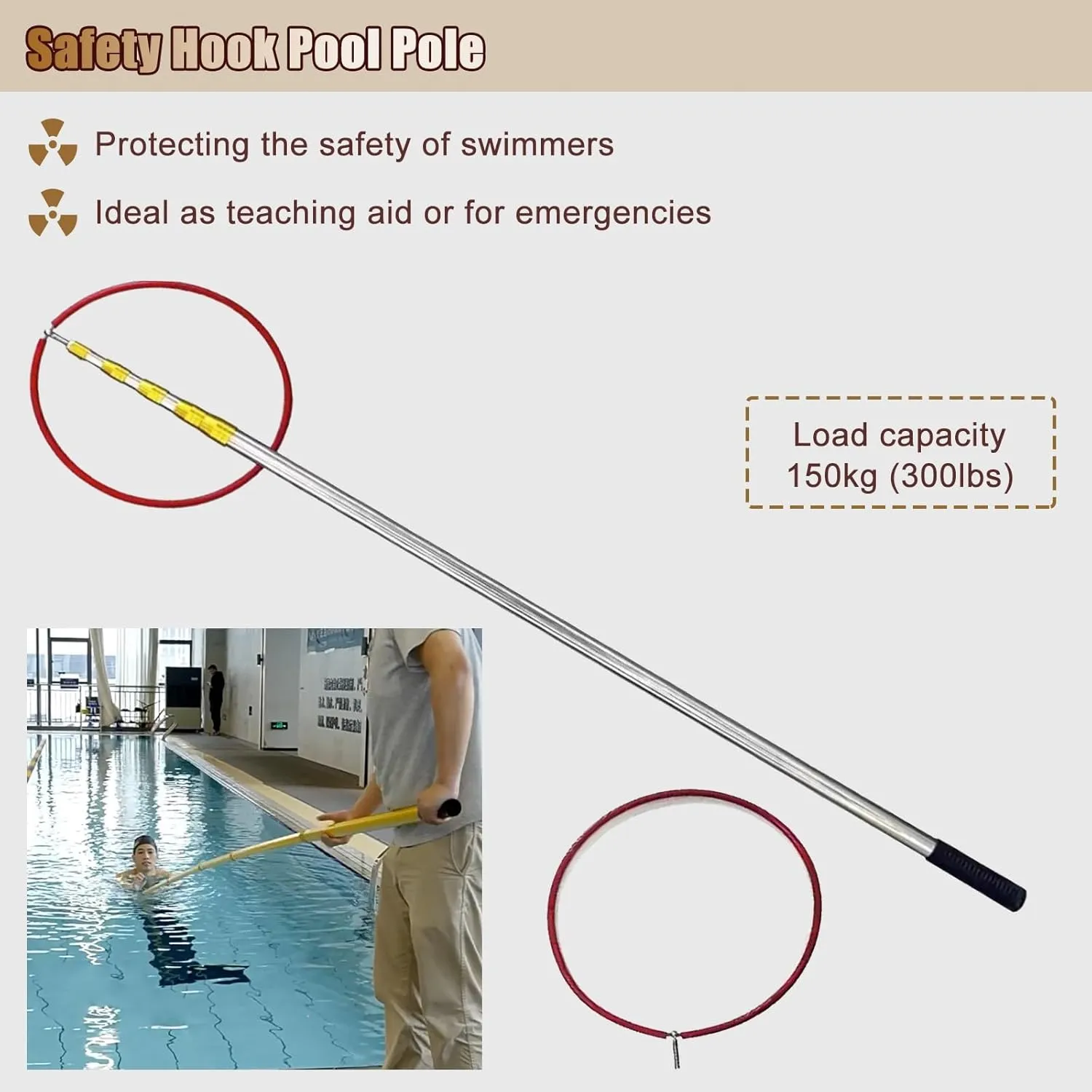 Anti-Electric Shock Rescue Tube，Lifesaving poleSwimming Pool Safety Hook with Pole Silver - Pool Life Rescue Ring for Adult/Kids Safety - Beaches Yachts Swim Club Adjustable Pool Pole