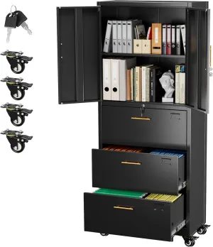 Aobabo Metal 3 Drawers Storage Cabinet and Unit Adjustable Shelf Organizer, 2 Door Storage Office Steel Files Cabinet with Wheels, Legal/Letter A4 Size, Assembly Required, Black