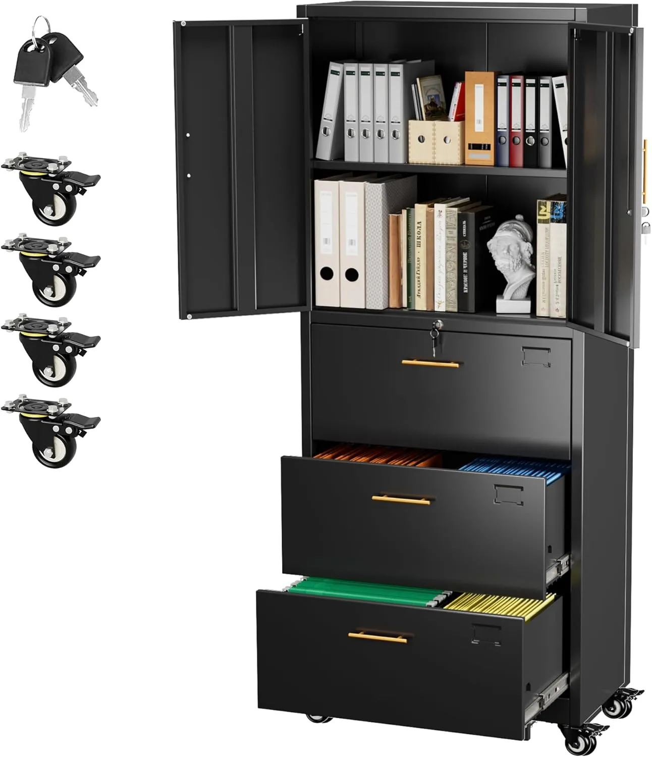 Aobabo Metal 3 Drawers Storage Cabinet and Unit Adjustable Shelf Organizer, 2 Door Storage Office Steel Files Cabinet with Wheels, Legal/Letter A4 Size, Assembly Required, Black