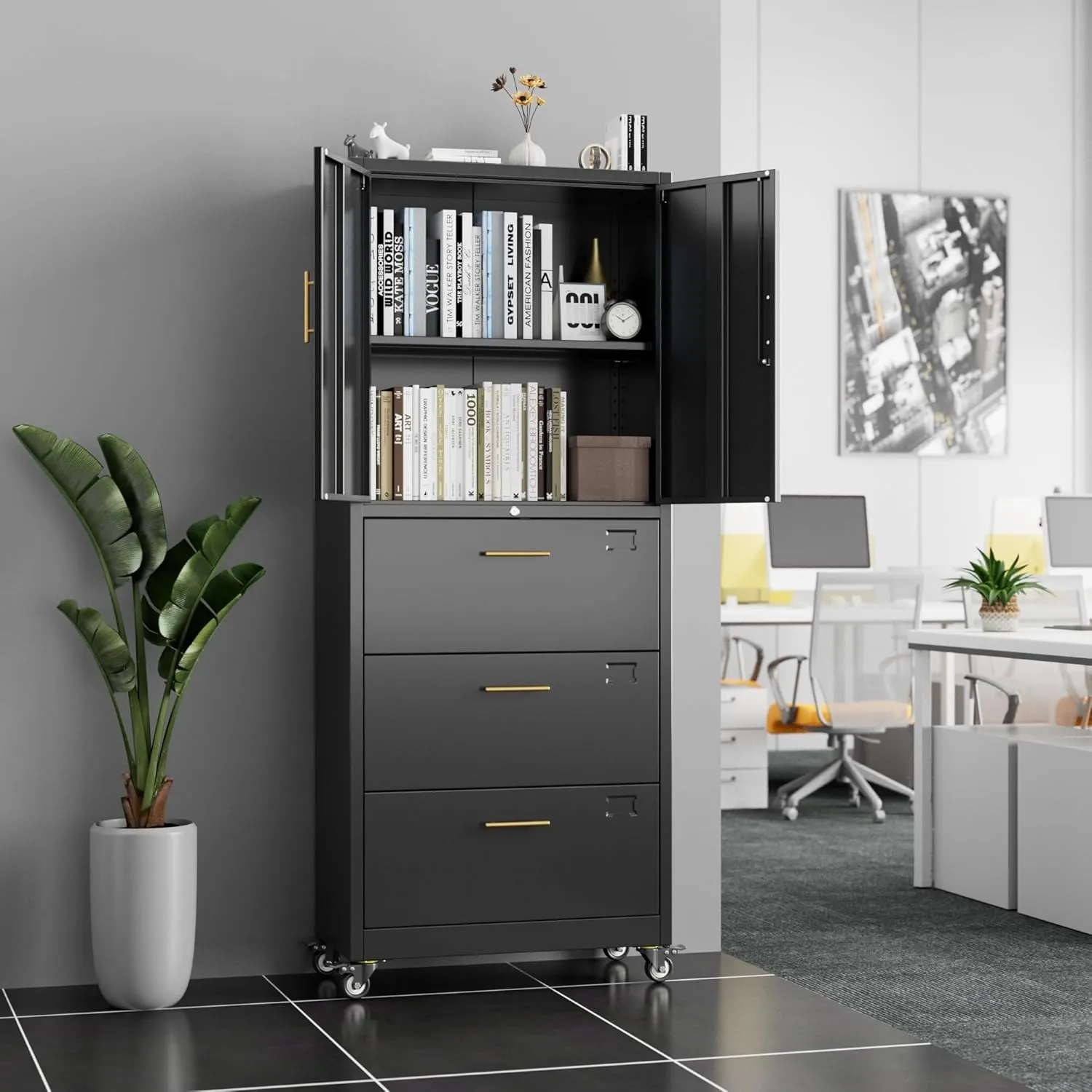 Aobabo Metal 3 Drawers Storage Cabinet and Unit Adjustable Shelf Organizer, 2 Door Storage Office Steel Files Cabinet with Wheels, Legal/Letter A4 Size, Assembly Required, Black