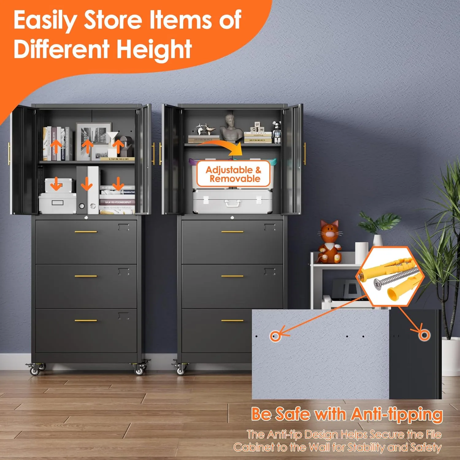 Aobabo Metal 3 Drawers Storage Cabinet and Unit Adjustable Shelf Organizer, 2 Door Storage Office Steel Files Cabinet with Wheels, Legal/Letter A4 Size, Assembly Required, Black