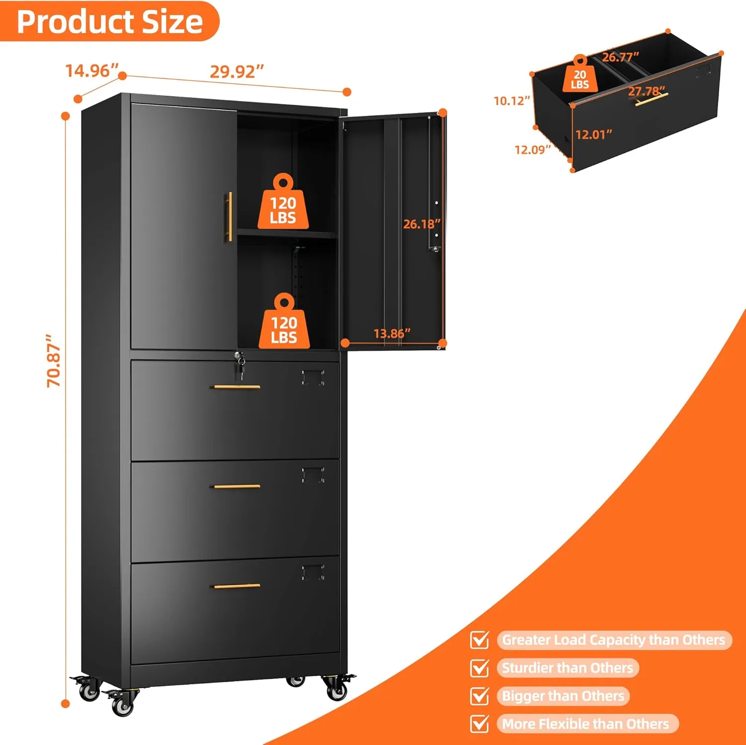 Aobabo Metal 3 Drawers Storage Cabinet and Unit Adjustable Shelf Organizer, 2 Door Storage Office Steel Files Cabinet with Wheels, Legal/Letter A4 Size, Assembly Required, Black