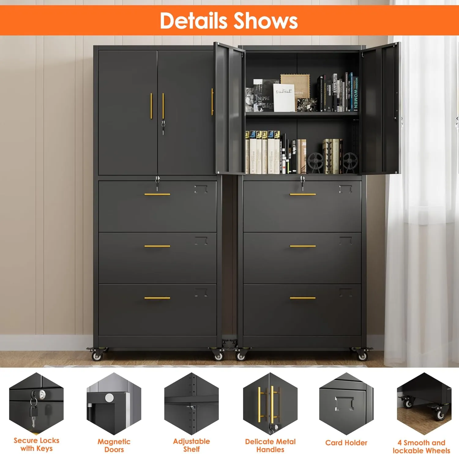 Aobabo Metal 3 Drawers Storage Cabinet and Unit Adjustable Shelf Organizer, 2 Door Storage Office Steel Files Cabinet with Wheels, Legal/Letter A4 Size, Assembly Required, Black