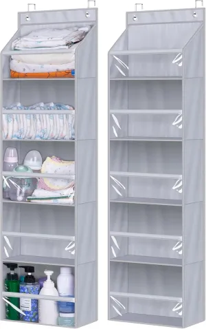 AOODA 2 Pack Over the Door Organizer, Large Capacity Closet Door Hanging Organizer, Clear Deep Pockets Baby Organizer Storage for Nursery, Bathroom, Bedroom, Pantry, Diapers (Grey)