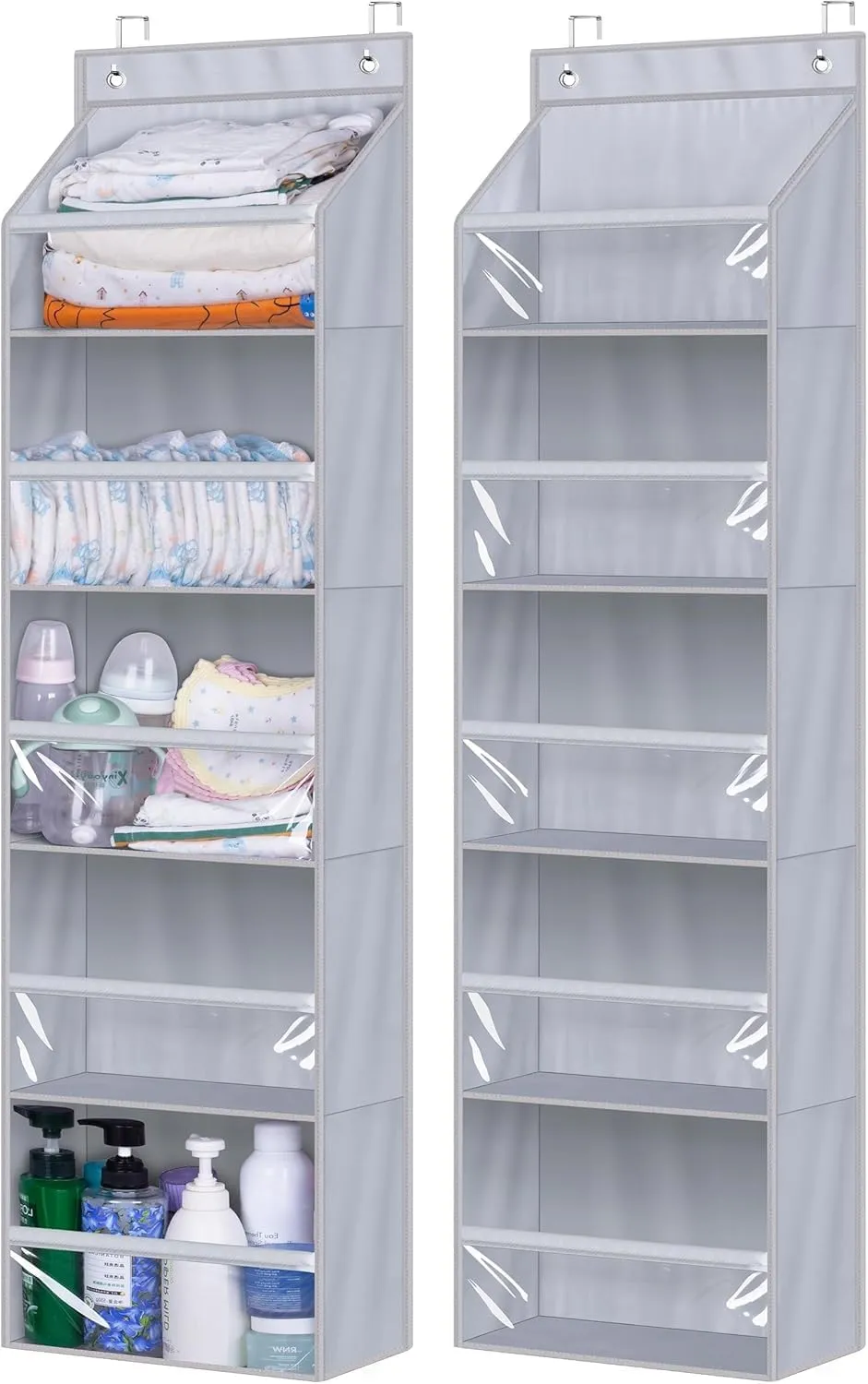 AOODA 2 Pack Over the Door Organizer, Large Capacity Closet Door Hanging Organizer, Clear Deep Pockets Baby Organizer Storage for Nursery, Bathroom, Bedroom, Pantry, Diapers (Grey)