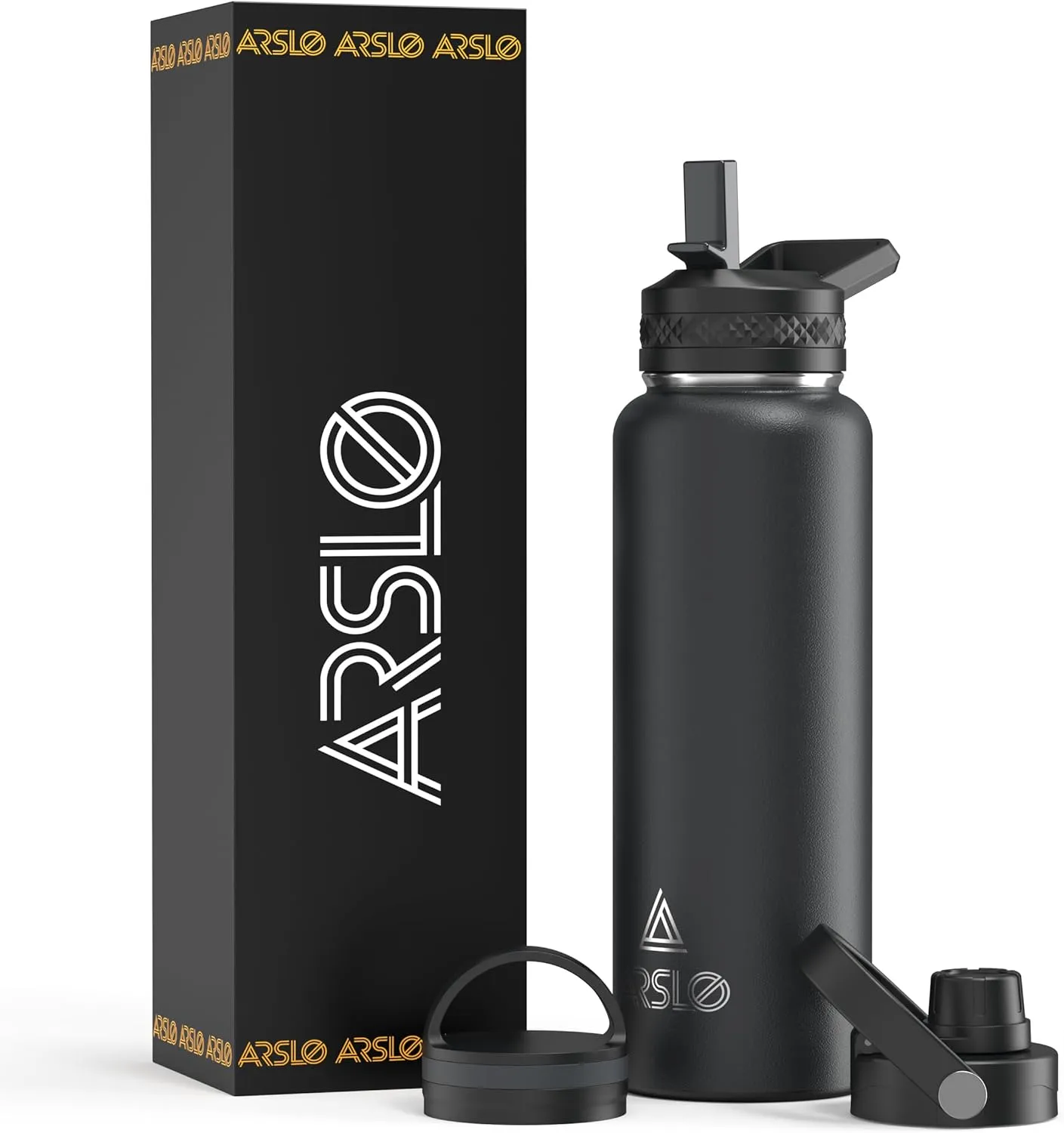 Arlso Classic Insulated Water Bottle, 40oz Stainless Steel Flask Water Bottles with Storage Sleeve 3 Lids Straw, Spout and Handle Lid, Vacuum Double Walled 40 oz Thermos Sports Jug Black